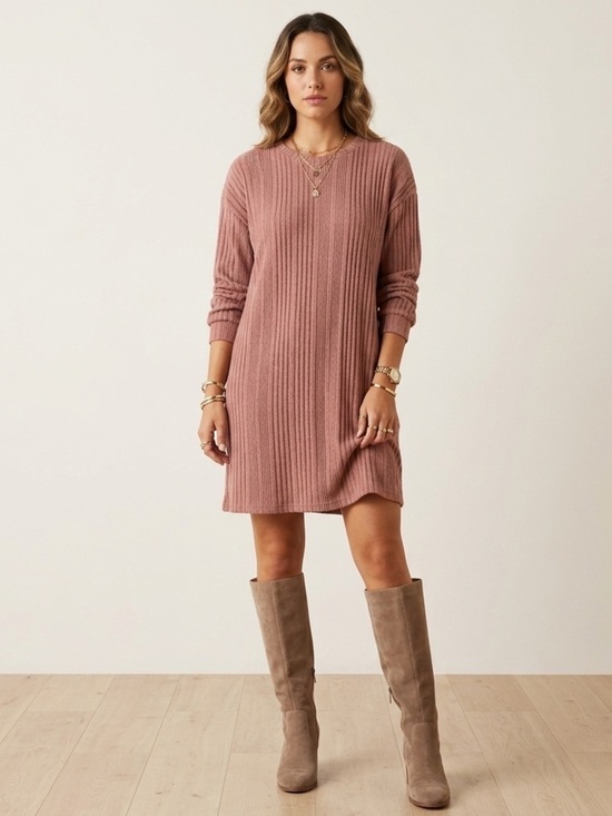 Ekouaer Dresses & Skirts - Ribbed Long Sleeve V-Neck Dress in Dusty Rose